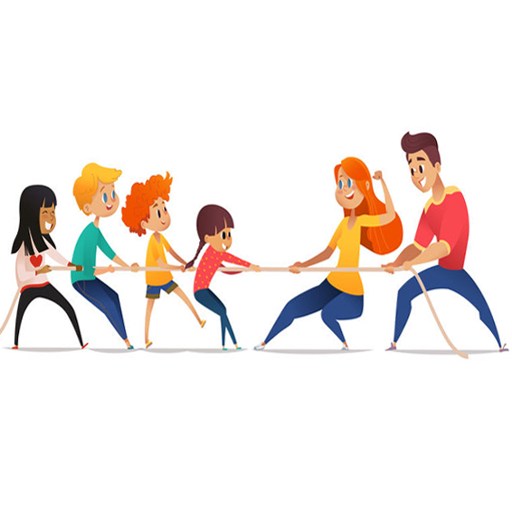 parents and kids having a tug of war